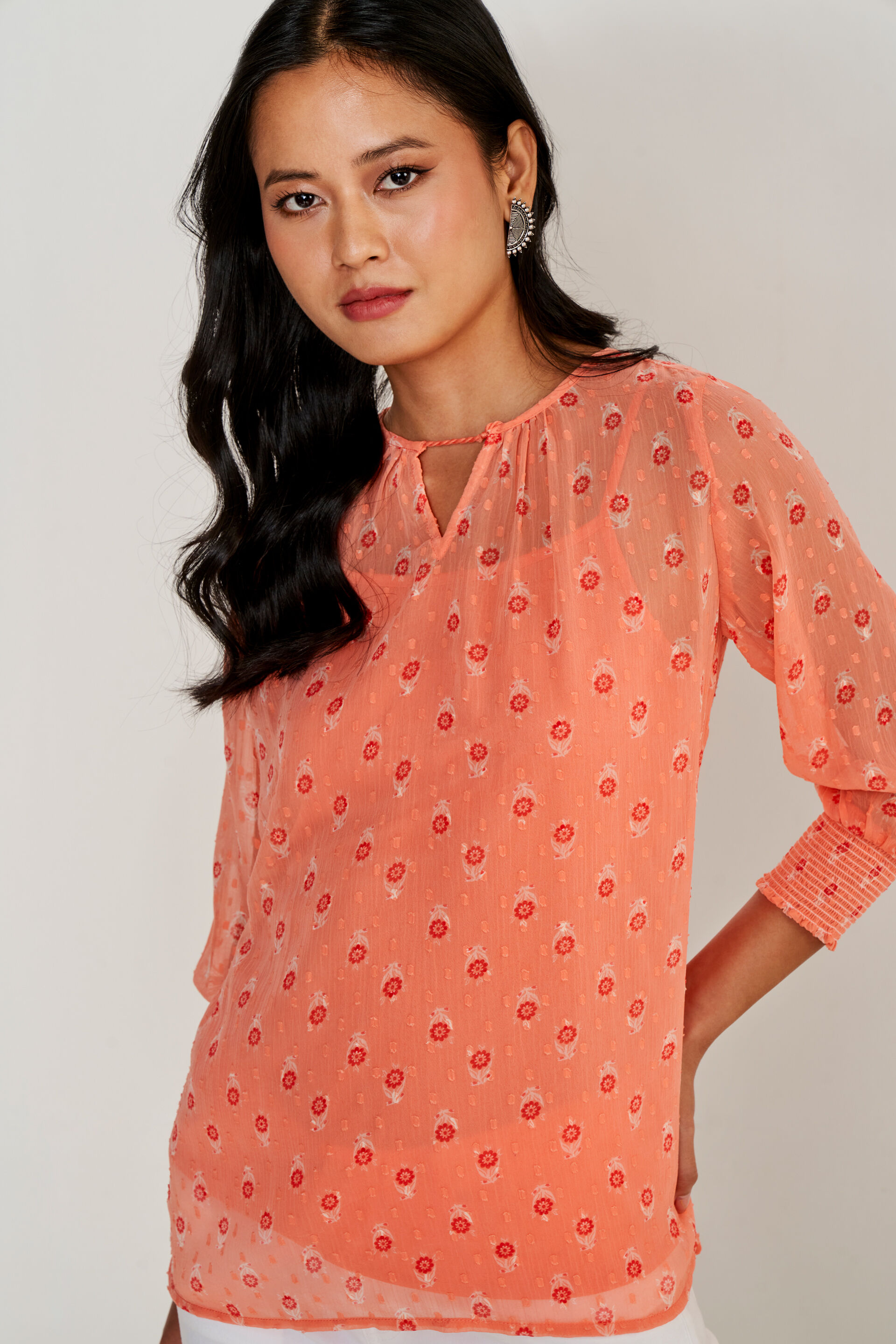Orange Floral Smocking A-Line Top, Orange, image 3